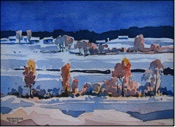 watercolor farmland painting, winter, snow